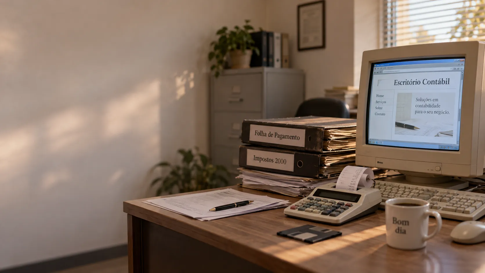 Um iMac translúcido sobre uma mesa de madeira, com café e um caderno ao lado, e um clarão de luz no logotipo da tela.