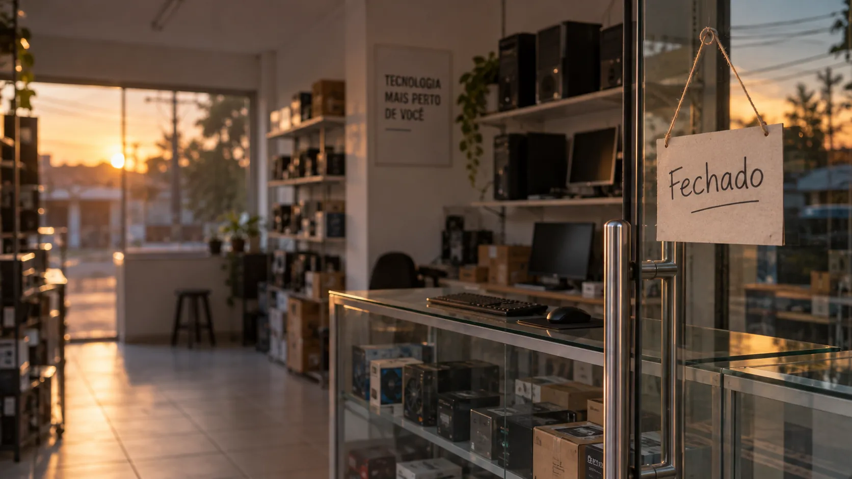 A fachada de uma loja de informática pequena, com monitores e teclados na vitrine e uma placa de fechado no vidro.