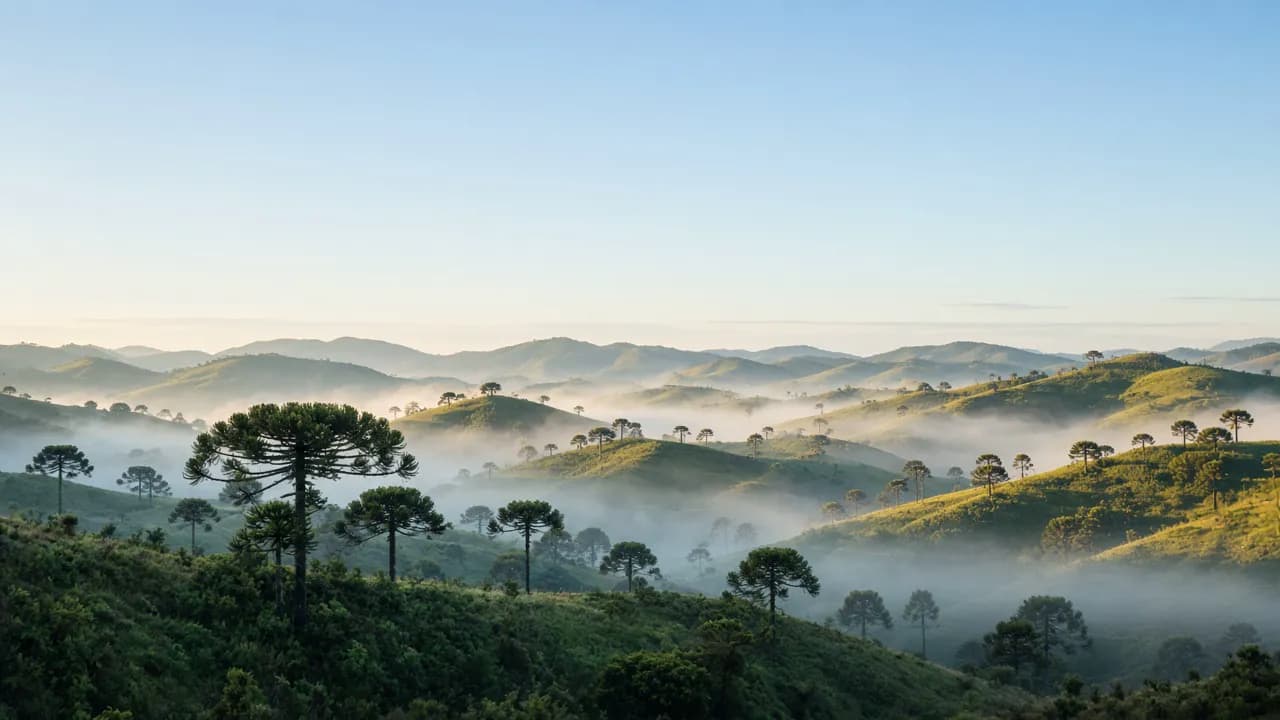 Colinas com araucárias e neblina ao amanhecer.