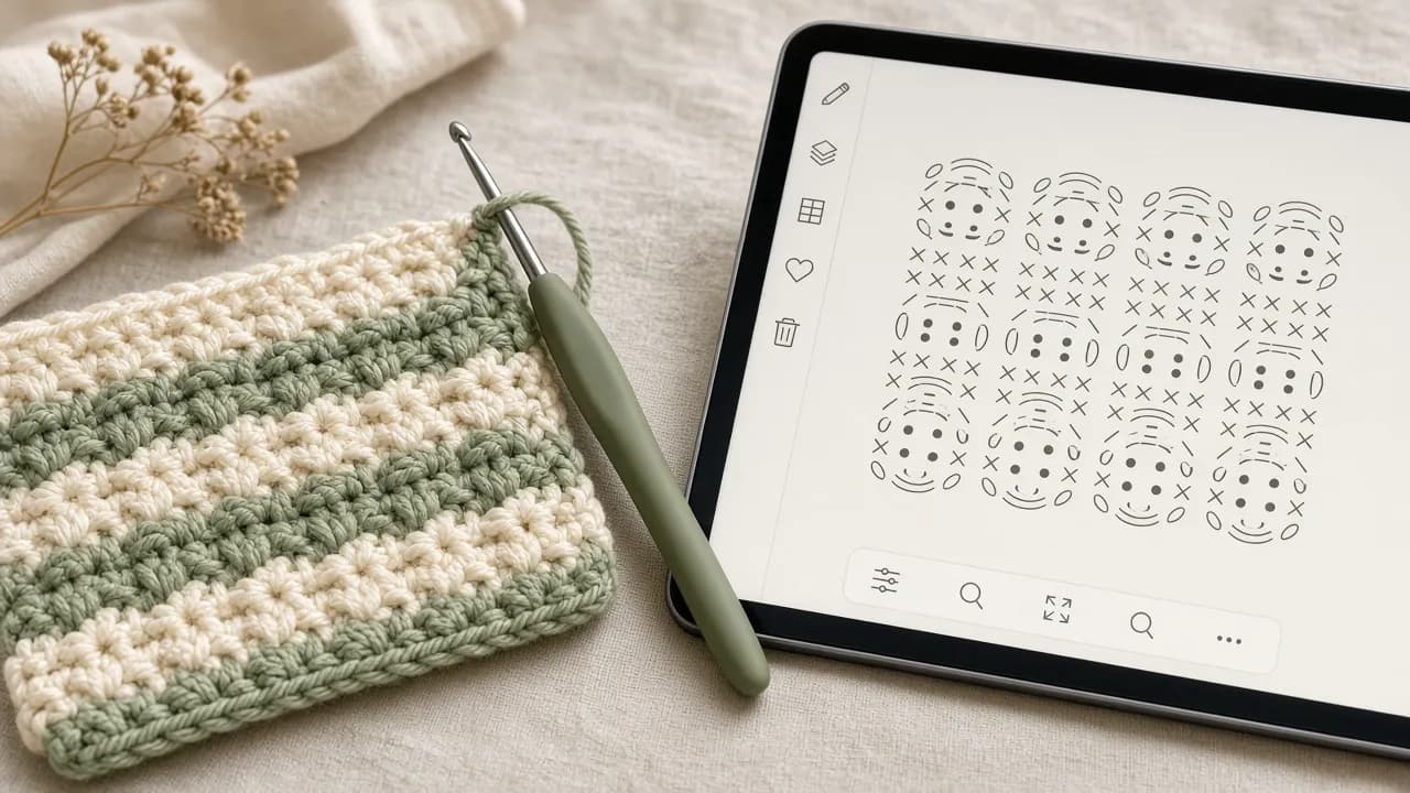 Peça de crochê em listras verde e cru, com agulha, ao lado de um tablet com um diagrama.