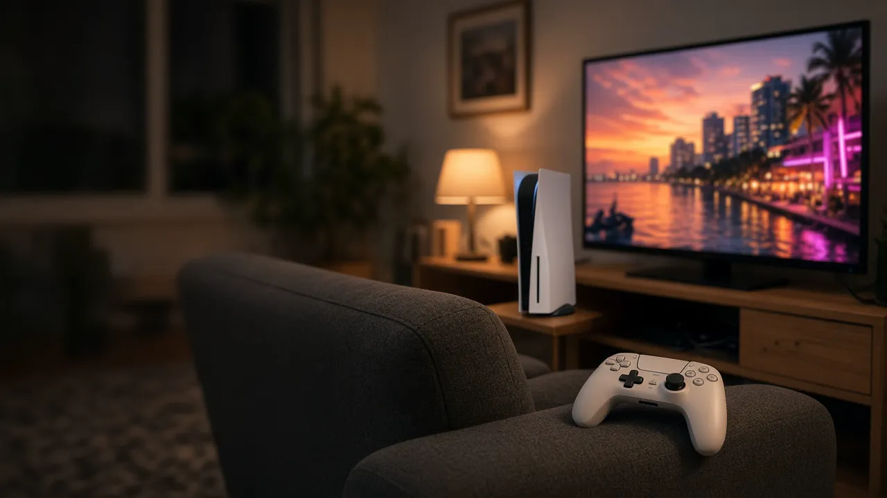 Um controle de PlayStation sobre uma mesa de madeira, com um jogo na tela ao fundo.