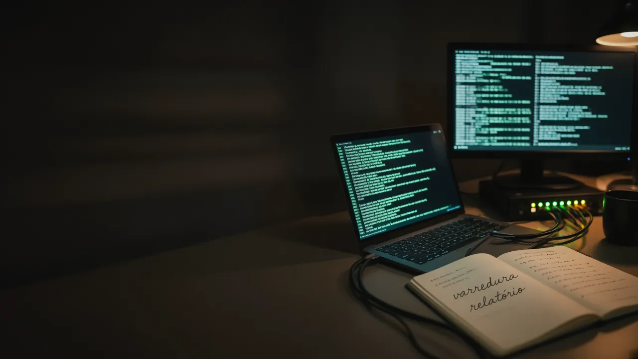 Um terminal escuro com código e linhas de comando, ao lado de um notebook sobre a mesa.
